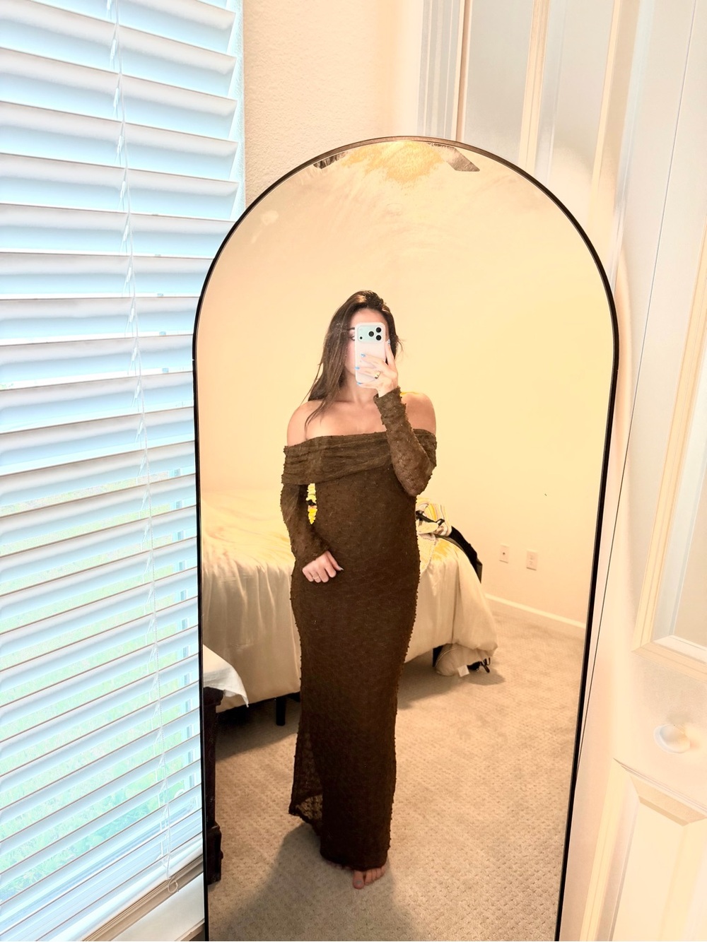 Off-Shoulder Long Brown Knit Dress